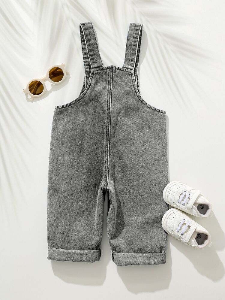 Cozy Pixies Baby Boy Summer Bear Embroidery Pocket Denim Bib Pants - Light Grey - View 3