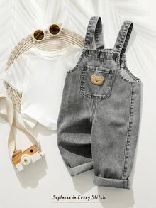 Cozy Pixies Baby Boy Summer Bear Embroidery Pocket Denim Bib Pants - Light Grey - View 4