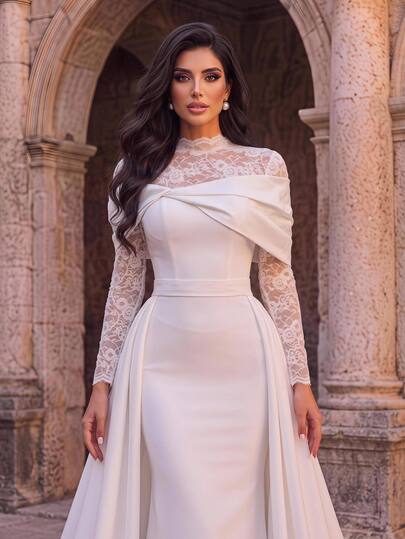 Aureia Elegant Romantic Vintage Glamorous Stand Collar Ivory Lace Sequin Embroidered Long Sleeve Patchwork Mermaid Hem With Train Formal Women's Wedding Dress Evening Gown