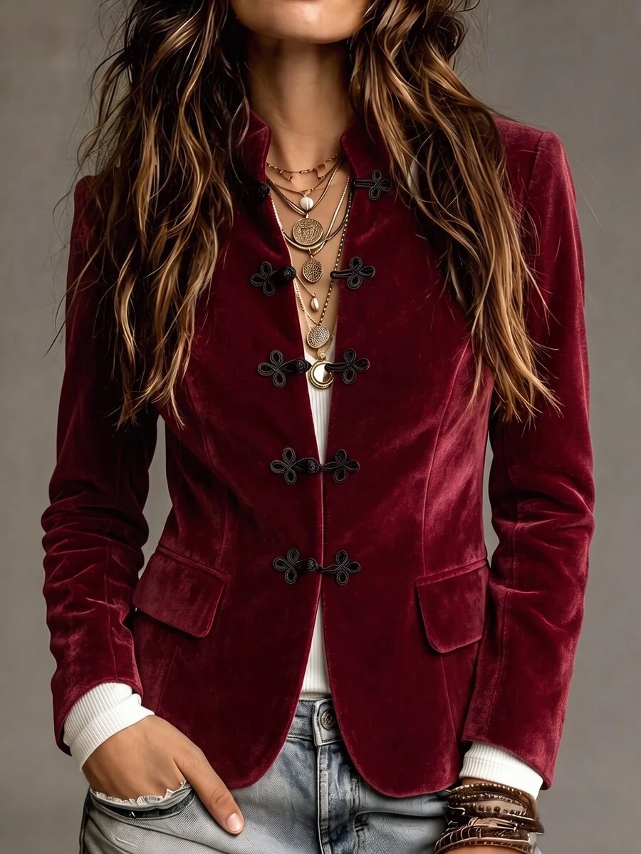SHEIN Women's Frog Button Casual Versatile Daily Long Sleeve Jacket - Red - View 1