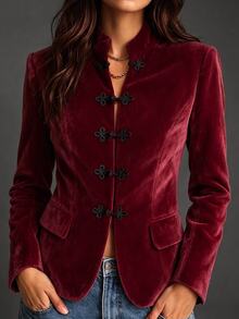 SHEIN Women's Frog Button Casual Versatile Daily Long Sleeve Jacket - Red - View 3