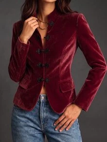 SHEIN Women's Frog Button Casual Versatile Daily Long Sleeve Jacket - Red - View 6