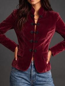 SHEIN Women's Frog Button Casual Versatile Daily Long Sleeve Jacket - Red - View 5