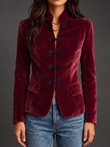 SHEIN Women's Frog Button Casual Versatile Daily Long Sleeve Jacket - Red - View 4