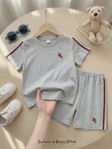Cozy Pixies 2件套男童纯色针织柔软圆领短袖上衣和松紧腰短裤 - 灰色 - 查看 7