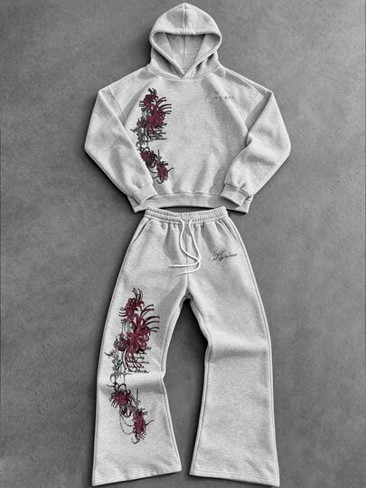 Manfinity EMRG Men's Grayish-Brown Spider Lily Print Hooded Sweatshirt & Flared Sweatpants 2-Piece Set, Y2K Gothic Streetwear Casual Outfit, Burgundy Spider Lily Floral Print Long Sleeve Hooded Sports Set, Suitable For Outings, Concerts, Holiday Parties