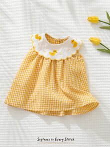 Cozy Pixies Newborn Baby Girl Cartoon Duck Pattern Contrast Color Round Neck Sleeveless Dress - Yellow - View 3
