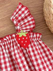 Cozy Pixies 2pcs/Set Toddler Girls' Cute Casual Red & White Patch Ruffle Trim Strawberry Print Camisole Top And Elastic Waist Shorts Summer Outfit - Multicolor - View 3