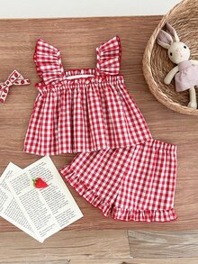Cozy Pixies 2pcs/Set Toddler Girls' Cute Casual Red & White Patch Ruffle Trim Strawberry Print Camisole Top And Elastic Waist Shorts Summer Outfit - Multicolor - View 2