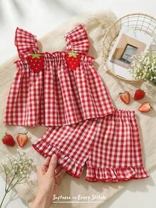Cozy Pixies 2pcs/Set Toddler Girls' Cute Casual Red & White Patch Ruffle Trim Strawberry Print Camisole Top And Elastic Waist Shorts Summer Outfit - Multicolor - View 1