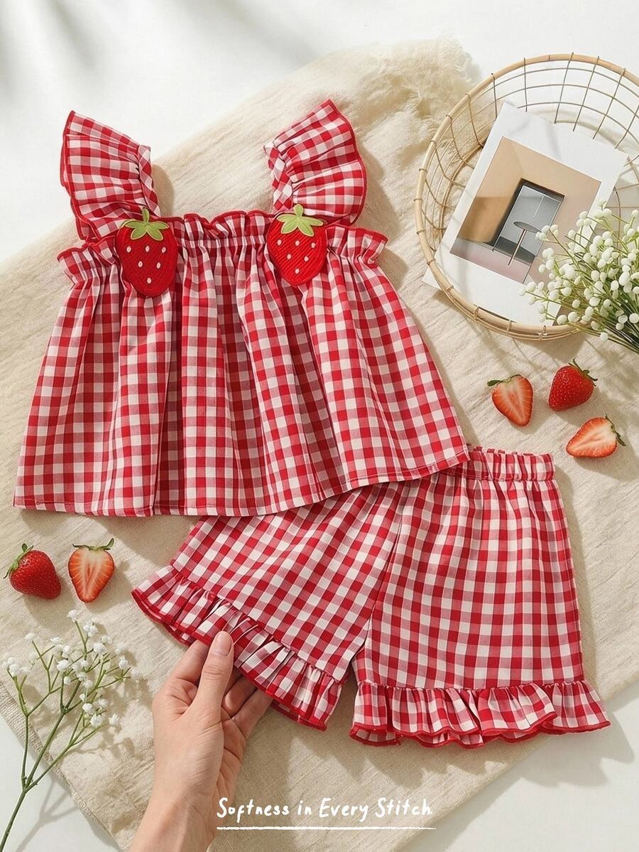Cozy Pixies 2pcs/Set Toddler Girls' Cute Casual Red & White Patch Ruffle Trim Strawberry Print Camisole Top And Elastic Waist Shorts Summer Outfit - Multicolor - View 1