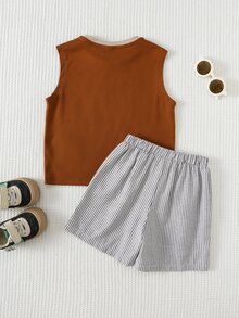 Cozy Pixies 2pcs/Set Young Boys Casual Comfortable Solid Color Cute Bear Cartoon Print Contrast Collar Sleeveless Top And Striped Shorts Set - Multicolor - View 2