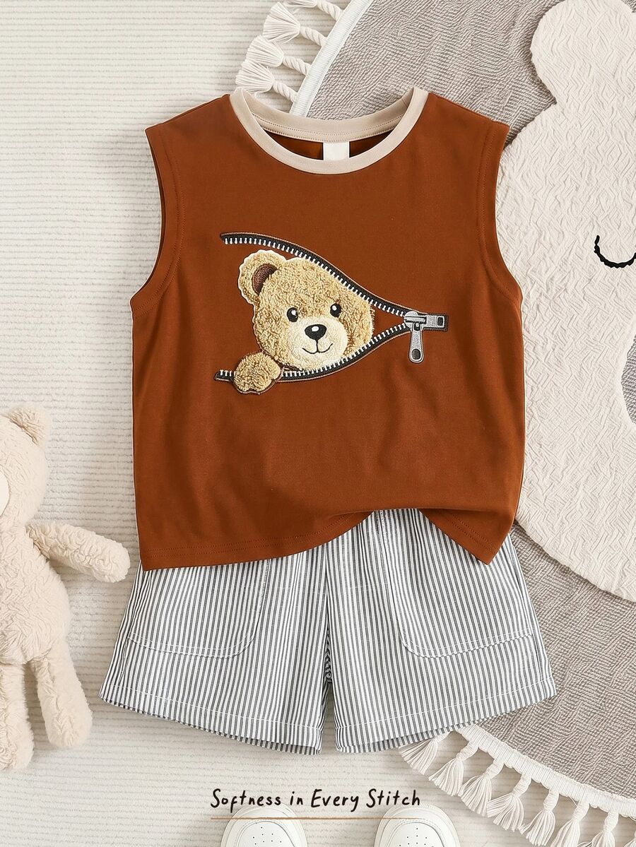 Cozy Pixies 2pcs/Set Young Boys Casual Comfortable Solid Color Cute Bear Cartoon Print Contrast Collar Sleeveless Top And Striped Shorts Set - Multicolor - View 1