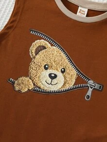 Cozy Pixies 2pcs/Set Young Boys Casual Comfortable Solid Color Cute Bear Cartoon Print Contrast Collar Sleeveless Top And Striped Shorts Set - Multicolor - View 3