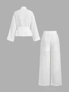 SHEIN Women's 2 Pieces Set, Loose Comfortable Casual Outfit, Chinese Style Elegant Commute Linen-Like Set - White - View 2