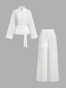 SHEIN Women's 2 Pieces Set, Loose Comfortable Casual Outfit, Chinese Style Elegant Commute Linen-Like Set - White - View 4