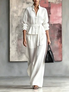 SHEIN Women's 2 Pieces Set, Loose Comfortable Casual Outfit, Chinese Style Elegant Commute Linen-Like Set - White - View 1