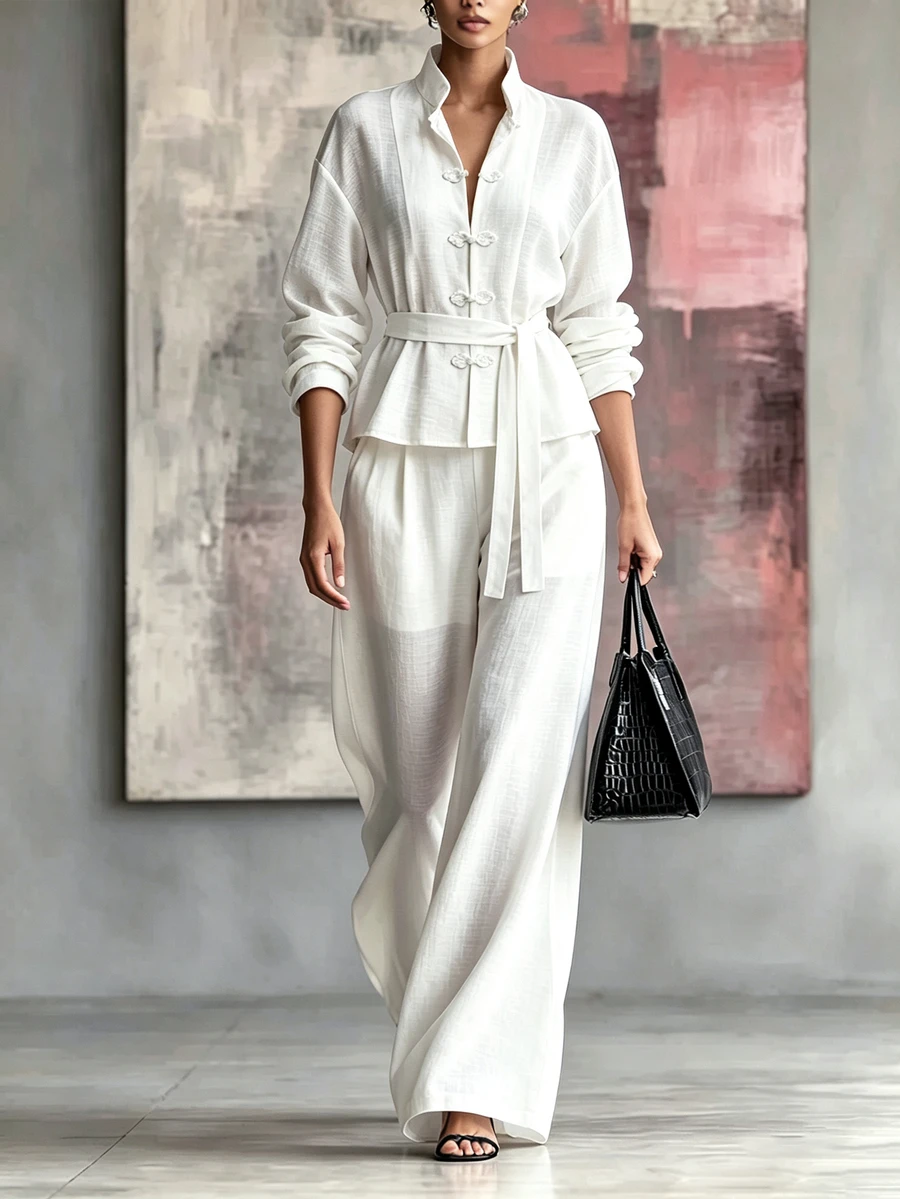 SHEIN Women's 2 Pieces Set, Loose Comfortable Casual Outfit, Chinese Style Elegant Commute Linen-Like Set - White - View 1