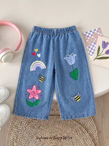 Cozy Pixies 女嬰可愛街頭風百搭牛仔效果印花鬆緊腰長褲 秋冬返校季女童服飾 - 藍色 - 查看 4