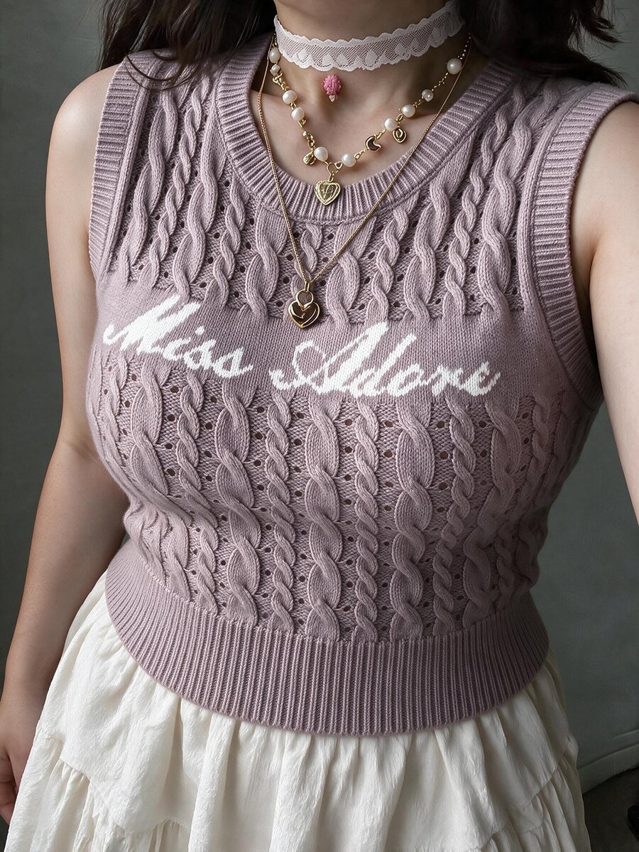 SHEIN MOD Plus Size Women's Letter Print Cable Knit Sleeveless Top - Dusty Pink - View 1