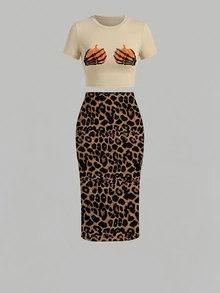 Slaydiva Plus Size Pumpkin Print Short Sleeve T-Shirt And Leopard Print Fishtail Maxi Skirt 2 Pieces Set - Multicolor - View 5