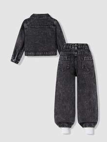 SHEIN Toddler Girls 2pcs Denim Lapel Collar Long Sleeve Graphic Pocket Button Long Wide Leg Loose Fit K-Pop Fall Black - Black - View 2