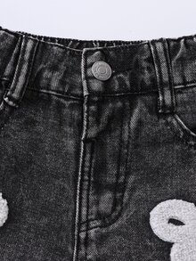 SHEIN Toddler Girls 2pcs Denim Lapel Collar Long Sleeve Graphic Pocket Button Long Wide Leg Loose Fit K-Pop Fall Black - Black - View 7