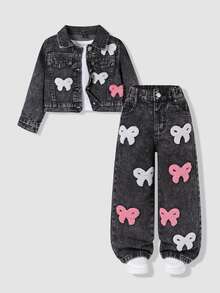 SHEIN Toddler Girls 2pcs Denim Lapel Collar Long Sleeve Graphic Pocket Button Long Wide Leg Loose Fit K-Pop Fall Black - Black - View 4
