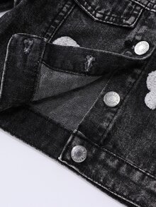 SHEIN Toddler Girls 2pcs Denim Lapel Collar Long Sleeve Graphic Pocket Button Long Wide Leg Loose Fit K-Pop Fall Black - Black - View 6
