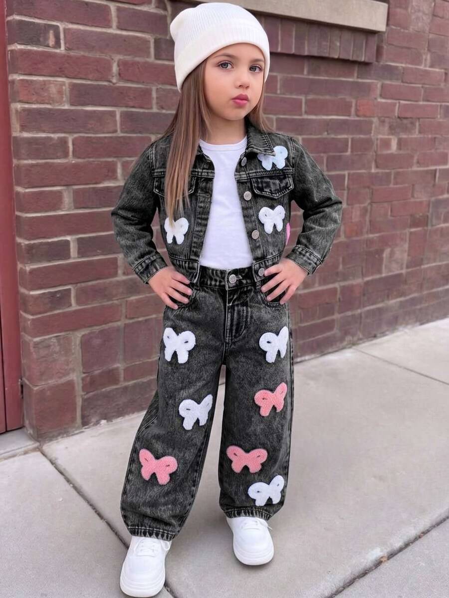 SHEIN Toddler Girls 2pcs Denim Lapel Collar Long Sleeve Graphic Pocket Button Long Wide Leg Loose Fit K-Pop Fall Black - Black - View 1