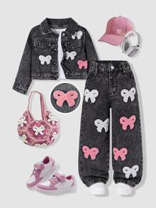 SHEIN Toddler Girls 2pcs Denim Lapel Collar Long Sleeve Graphic Pocket Button Long Wide Leg Loose Fit K-Pop Fall Black - Black - View 3