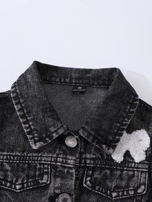 SHEIN Toddler Girls 2pcs Denim Lapel Collar Long Sleeve Graphic Pocket Button Long Wide Leg Loose Fit K-Pop Fall Black - Black - View 5