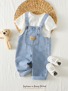 Cozy Pixies Baby Boy Cartoon Bear Pocket Denim Bib Overall Jumpsuit - Light Wash - View 2