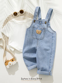 Cozy Pixies Baby Boy Cartoon Bear Pocket Denim Bib Overall Jumpsuit - Light Wash - View 4