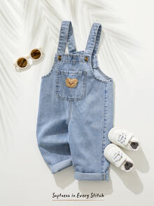 Cozy Pixies Baby Boy Cartoon Bear Pocket Denim Bib Overall Jumpsuit - Light Wash - View 5
