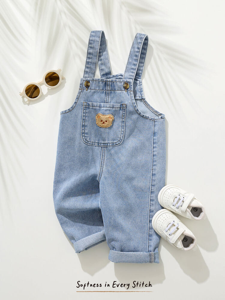 Cozy Pixies Baby Boy Cartoon Bear Pocket Denim Bib Overall Jumpsuit - Light Wash - View 5