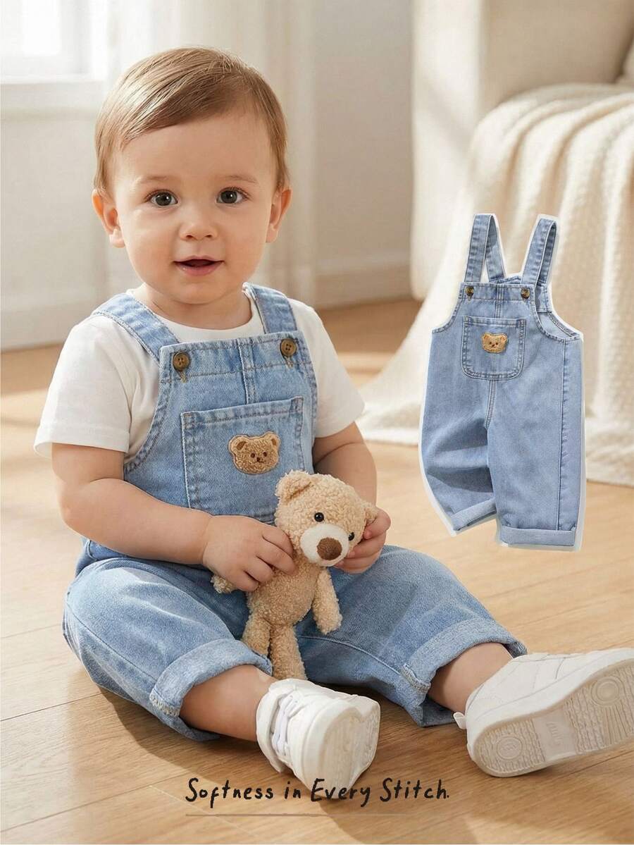 Cozy Pixies Baby Boy Cartoon Bear Pocket Denim Bib Overall Jumpsuit - Light Wash - View 1