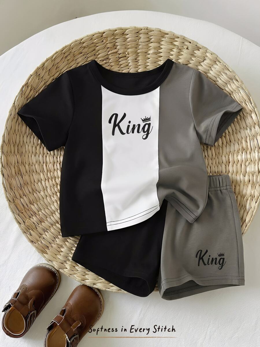 Cozy Pixies 2pcs Baby Boy Letter Pattern Knit Soft Contrast Color Round Neck Short Sleeve Top And Elastic Waist Shorts Set - Multicolor - View 1