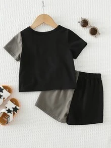 Cozy Pixies 2pcs Baby Boy Letter Pattern Knit Soft Contrast Color Round Neck Short Sleeve Top And Elastic Waist Shorts Set - Multicolor - View 2