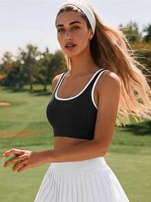 CourtClass CourtClass Casual Sporty Athletic Versatile Contrast Color Zipper Back Mesh Patchwork Removable Padding Slimming Sports Bra Gym Black And White Summer - Multicolor - View 3