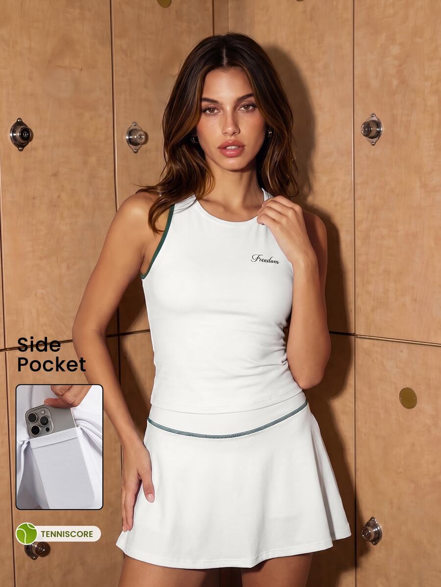 CourtClass CourtClass Women's Minimalist Letter Print Colorblock Crew Neck Tank Top And Skort Sports Set - White - View 1
