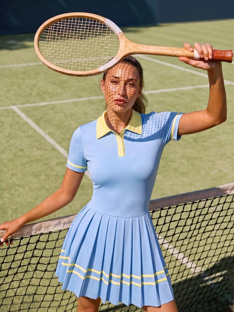 CourtClass CourtClass Women's Colorblock Light Blue Pleated Hem Sports Dress Tennis Gym Summer Athleisure Athletic - Multicolor - View 1