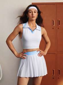 CourtClass Women's Minimalist Colorblock Tank Top And Pleated Pocket Skort Tennis Outfit Set - Multicolor - View 7