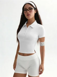 CourtClass CourtClass 女士运动Polo衫，白色紧身Polo领带口袋，短袖短裤款式，侧开衩，时尚百搭，适合日常休闲、跑步、瑜伽、健身、网球、高尔夫、春夏穿着。 - 白色 - 查看 4