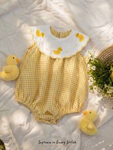 Cozy Pixies Baby Girl Cartoon Duck Pattern Contrast Color Lapel Sleeveless Romper - Yellow - View 1