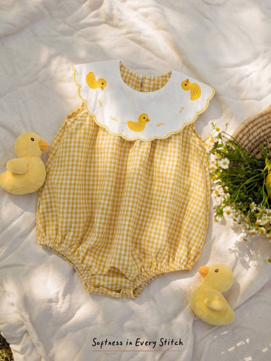 Cozy Pixies Baby Girl Cartoon Duck Pattern Contrast Color Lapel Sleeveless Romper - Yellow - View 1