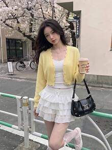 Skyraze Women's Solid Color Single-Breasted Casual Versatile Daily Long Sleeve Cardigan - Light Yellow - View 2