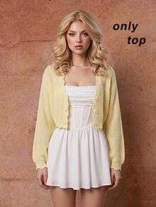 Skyraze Women's Solid Color Single-Breasted Casual Versatile Daily Long Sleeve Cardigan - Light Yellow - View 1