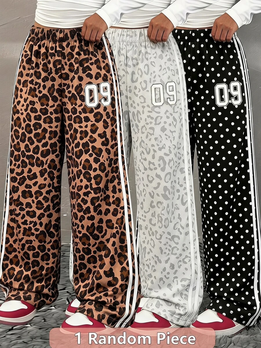 SHEIN 大女孩秋季服飾 8-12 歲豹紋數字直筒長褲 時尚休閒四季皆宜 - 彩色 - 查看 1