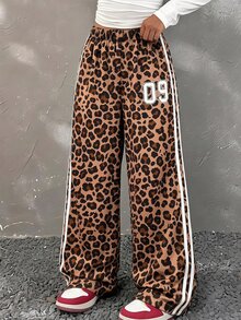 SHEIN 大女孩秋季服飾 8-12 歲豹紋數字直筒長褲 時尚休閒四季皆宜 - 彩色 - 查看 2